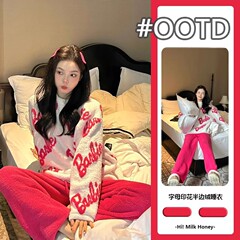 新款简约半边绒家居服套装秋冬款可外穿软绵绵甜美休闲长袖睡衣女