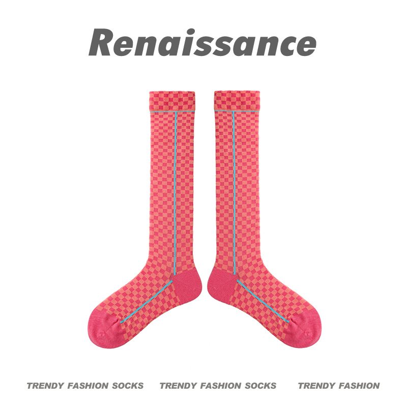 Renaissance Original Women's Socks Spring And Summer Simple Mid-length Socks Girls'Calf Socks Korean Style Color Block Socks For Women - 5