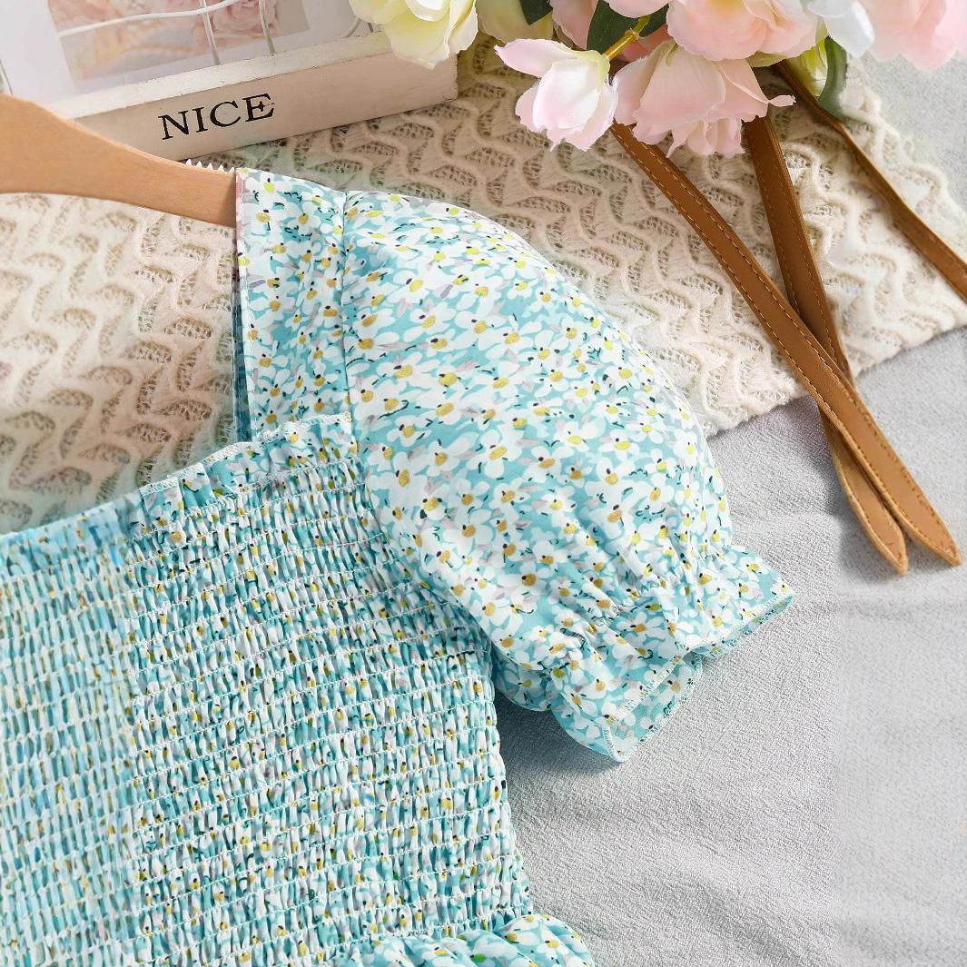 Платье, сарафан, юбка, квадратный вырез, puff sleeves, цветочная вышивка, для подростков