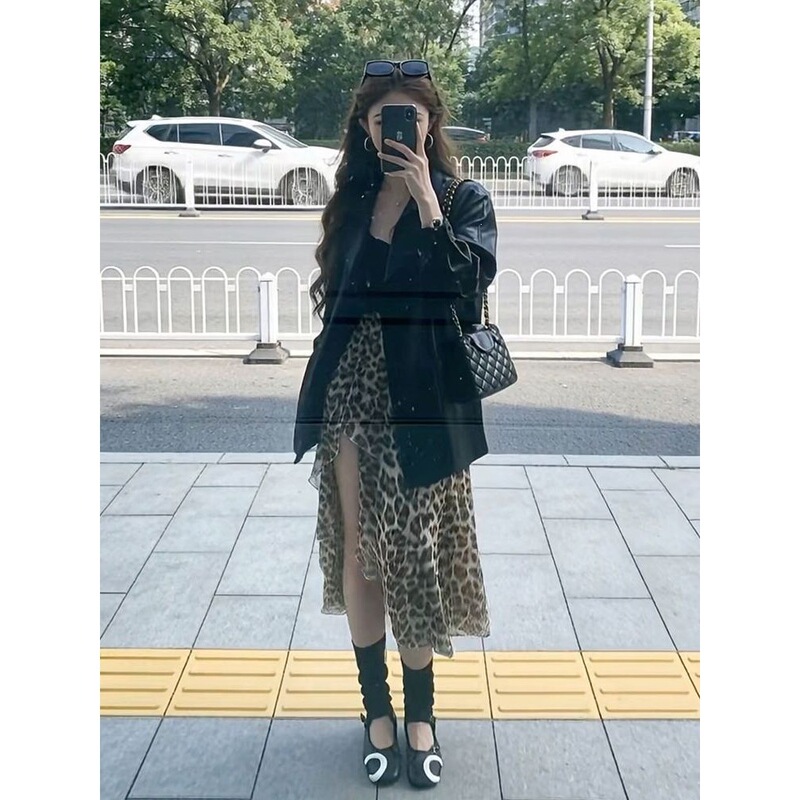 Vintage leopard print chiffon skirt for women, summer high-waisted slimming irregular drape mid-length skirt Vintage leopard print chiffon skirt for women, summer high-waisted slimming irregular drape mid-length skirt