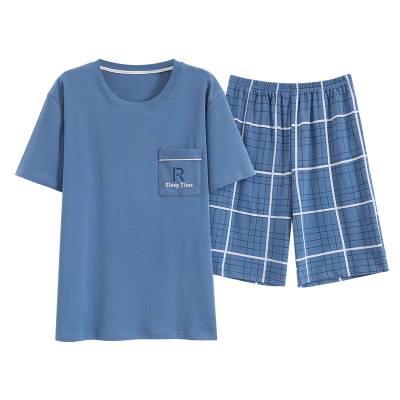 Pijama de algodón de los hombres de verano cortos de manga corta de algodón de alta calidad Juventud más tamaño de verano Plaid