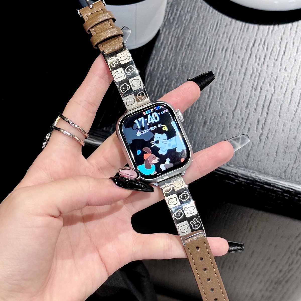 For Apple iwatch76 Huawei Mi Band 9/8 Bear Rabbit Metal Curved Denim Leather Strap S10