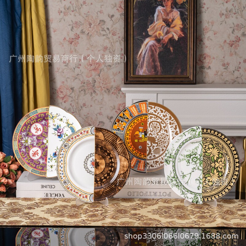 Cross-border light luxury Chinese and Western combined ceramic plates, asymmetrical Western-style serving plates, unique decorative plates for home use Cross-border light luxury Chinese and Western combined ceramic plates, asymmetrical Western-style serving plates, unique decorative plates for home use