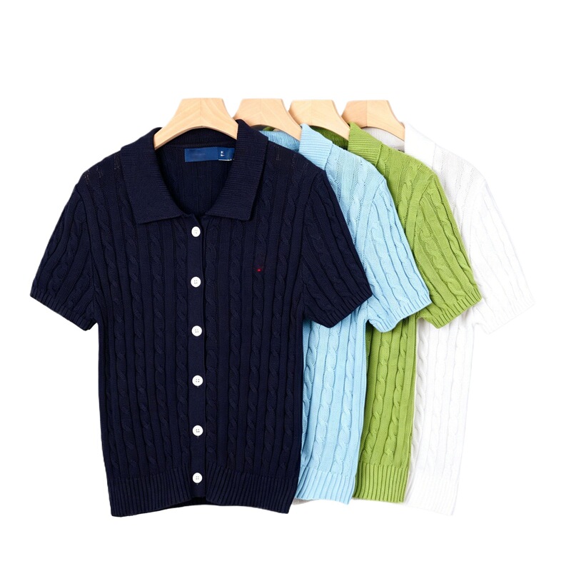 American Women's Vintage Polo Collar Cable Knit Short-Sleeve Cardigan Slim Fit Versatile Sweater Top American Women's Vintage Polo Collar Cable Knit Short-Sleeve Cardigan Slim Fit Versatile Sweater Top