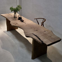 侘寂风原木大板茶桌复古做旧自然面纹理民宿实木长桌餐桌茶台创意
