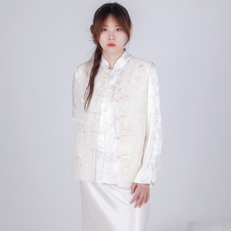2025 新中国風中国風ラウンドネックハイエンドベストトップ女性の夏の新しいスタイル文学レトロ薄いシャツ|undefined