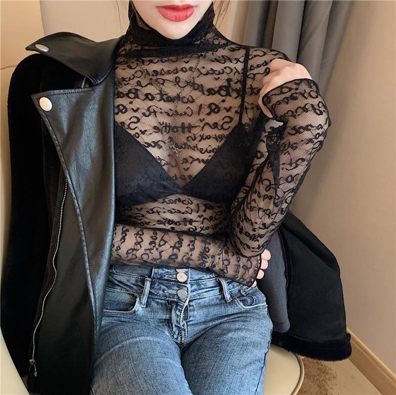 Lace Base Layer Long-Sleeve Turtleneck Sheer Mesh Hollow-Out High-End Transparent Blouse Black Top for Women