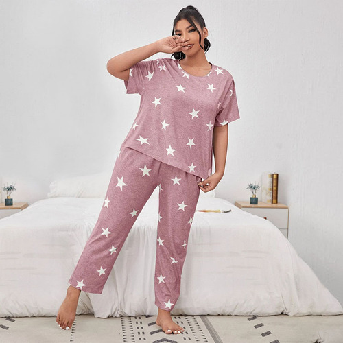 European and American Autumn/Winter New Casual Homecoming Set Short Sleeve Long Pants European and American Style Star Full Print Pajamas for Women Cross-border