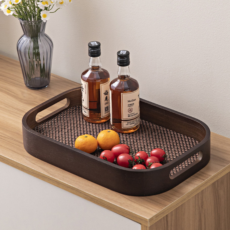 New Chinese Style Bamboo Tea Cup Tea Set Storage Tea Tray High-End Household Square Walnut Color Handle Tea Tray