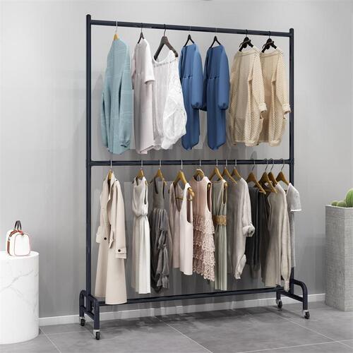 Double-layer clothing store display rack, floor-standing hanger with wheels, movable, height-adjustable balcony drying rack