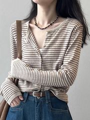 春秋新款条纹针织开衫外套女设计感小众上衣外搭薄款圆领长袖毛衣