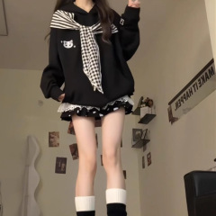 蝴蝶结绑带刺绣kitty猫卫衣女春秋季可爱少女宽松学院风连帽外套