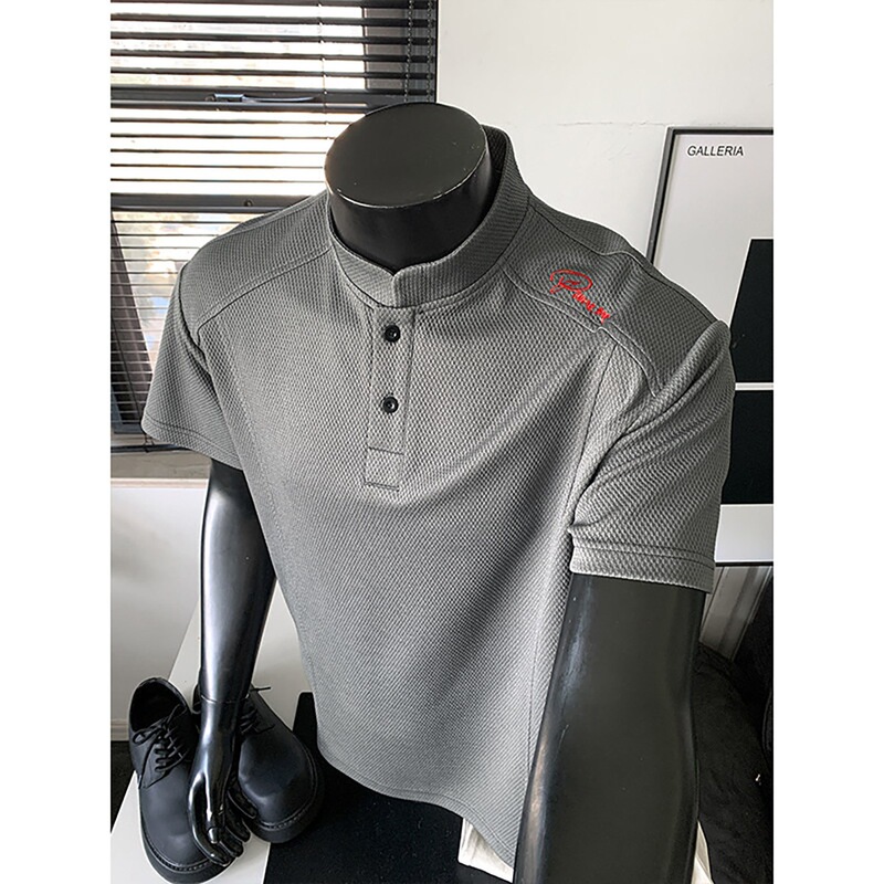 Cross-Border Embroidered Short-Sleeve Polo Shirt for Men, Summer American-Style Deconstructed Patchwork Sports Fitness Regular Shoulder T-Shirt, Thin Five-Quarter Sleeve