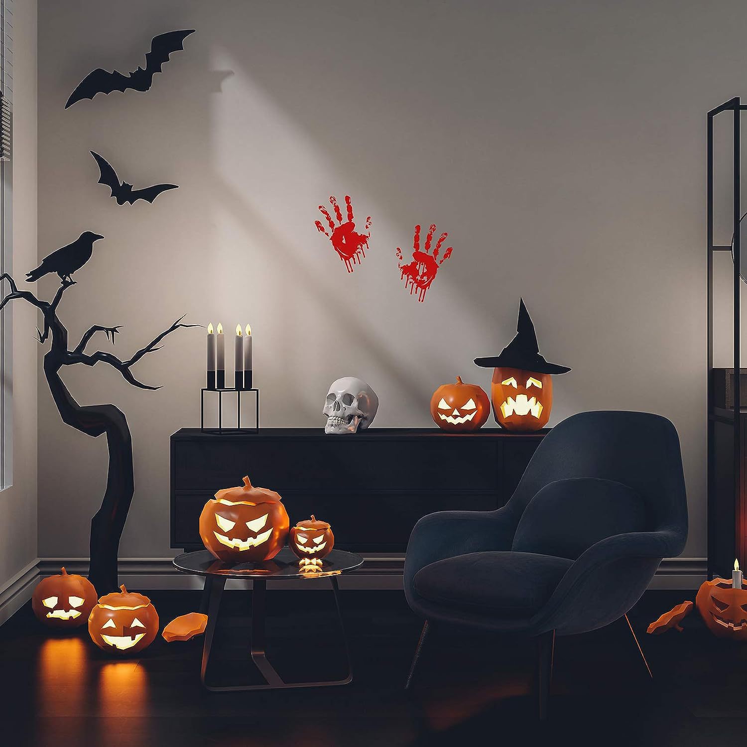 Amazon palma roja etiqueta engomada del coche impresión de la mano mancha de sangre pegatina de Halloween sangre mano reflectante etiqueta del cuerpo del coche