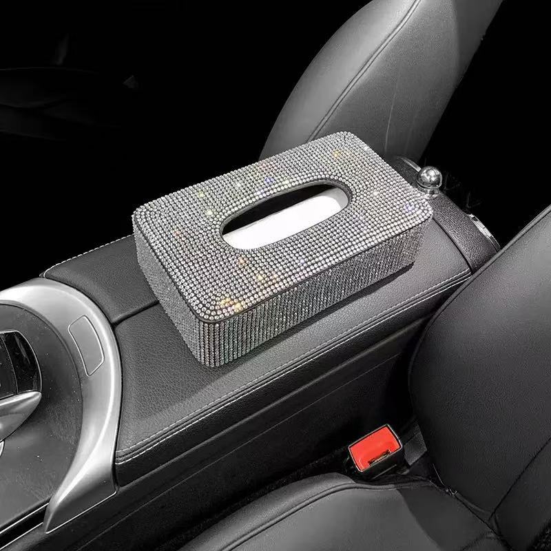 Caja de toallas de automóviles con diamantes transfronterizos, caja de toallas de automóviles colgantes universales, cubierta de toallas de automóviles con paraguas de sol para mujeres con diamantes image 3