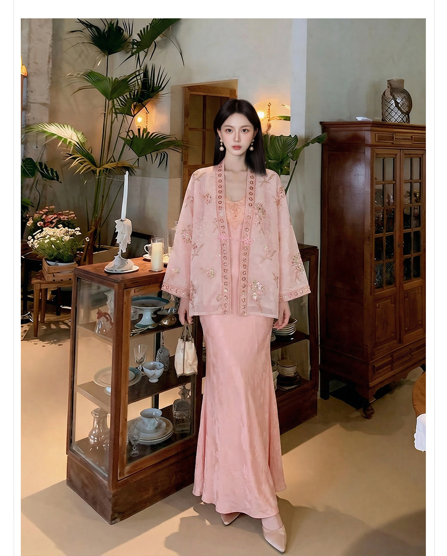 Bộ đầm dây kèm áo khoác thêu hoa phong cách Trung Hoa hiện đại — bộ đồ, đầm dây, Áo khoác màu hồng chi tiết 6