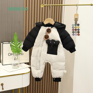 Winter baby white duck down jacket jumpsuit winter baby cartoon thickened warm romper hooded romper
