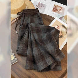 秋冬季大码设计感复古显瘦拼色格纹裤高腰抽绳直筒加绒阔腿裤女