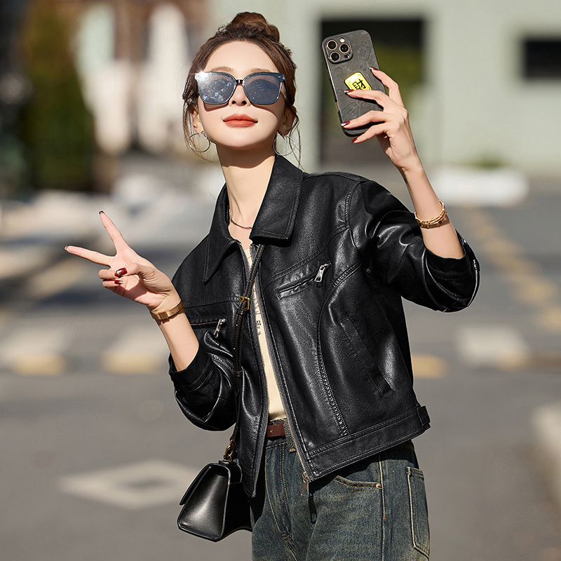 2025新款绵羊皮皮衣女时髦显高显瘦百搭机车服女士时尚翻领皮外套|undefined
