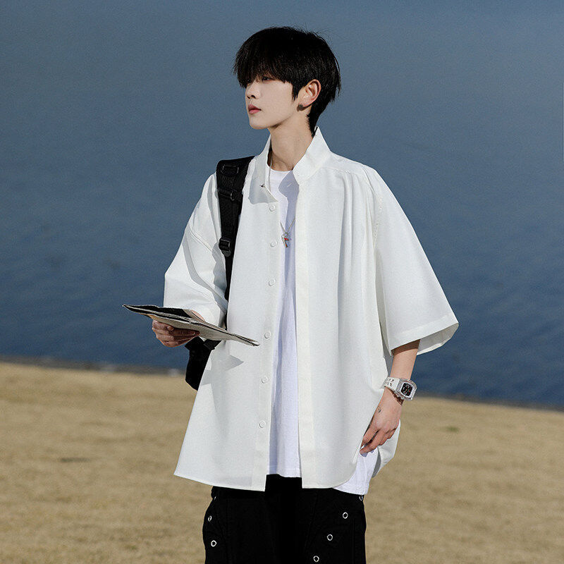 New Chinese Style National Style Shirt Short-Sleeved Boys Summer Ice Silk Casual Shirt T-Shirt Loose Large Size Three-Quarter Sleeve Jacket