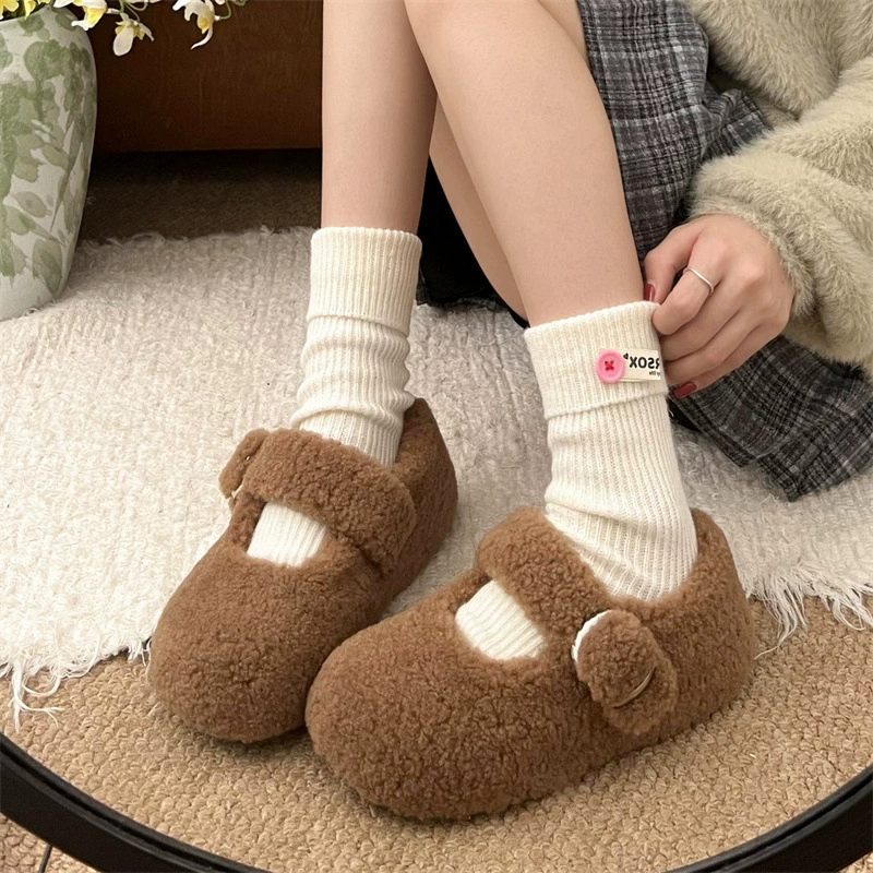 Модный темперамент белый аромат плюс бархатная плоская шерстяная обувь женская 2024 новая зимняя теплая хлопковая обувь Мэри Джейн