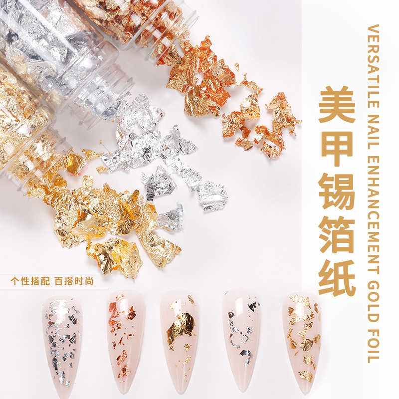 Joyas de uñas de papel de lámina de oro y plata de lámina de estaño fragmentos de red rojo explosivo conchas pegatinas de esmalte de uñas decorativas botellas