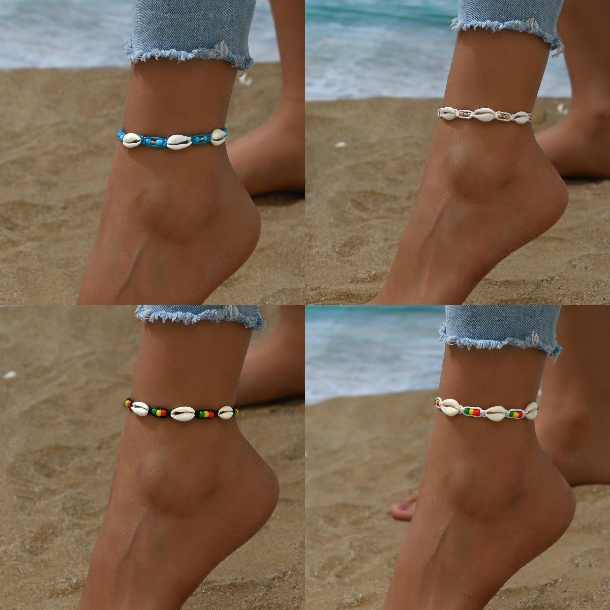 Cross-border TEMU Bestseller: Trendy Bohemian Resort-Style Anklet with Rainbow Shell Beads, Handwoven Rope Chain