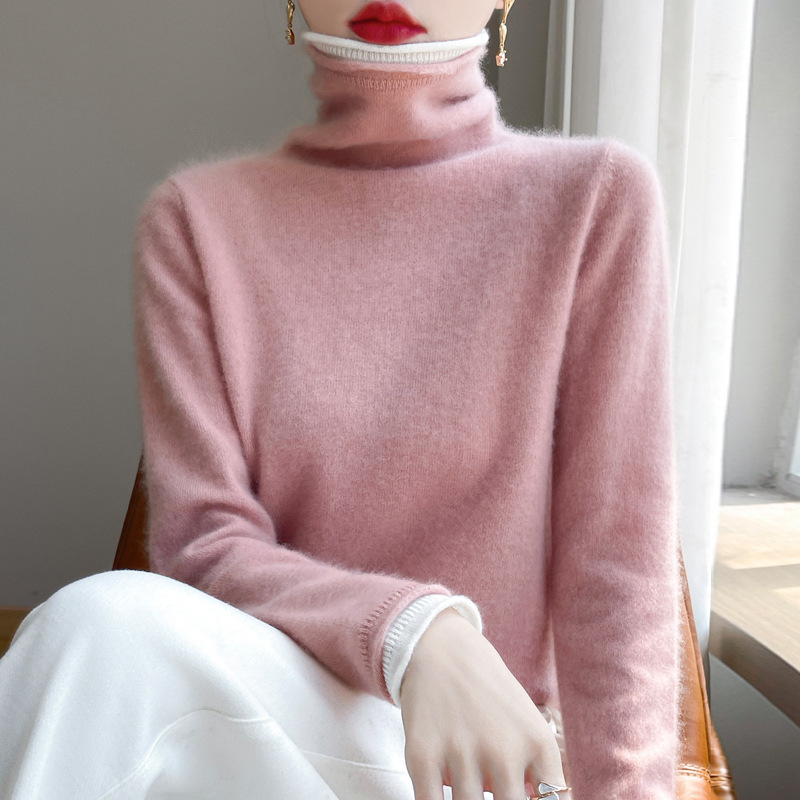 100纯羊毛衫女堆堆领秋冬假两件撞色高领毛衣保暖内搭针织打底衫