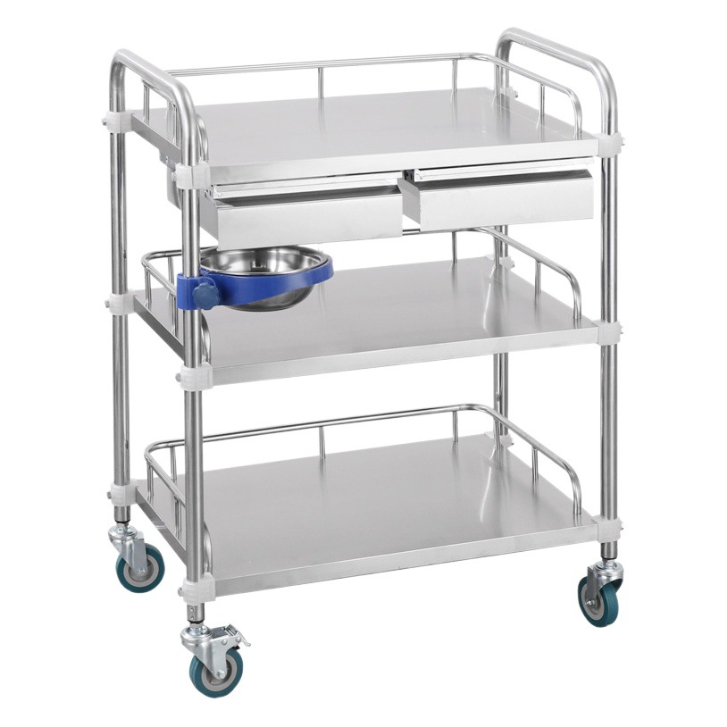 Carro de tratamiento de acero inoxidable médico engrosado Carro de equipo de tres capas Carro de terapia de belleza para cuidados hospitalarios