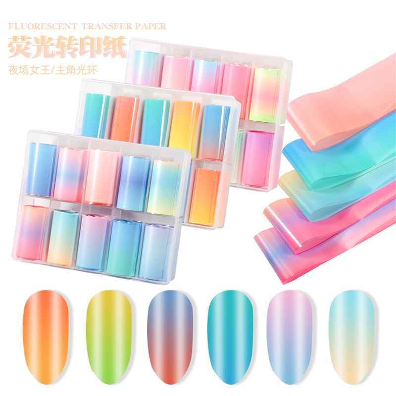 Transfronterizo especial manicura fluorescente cielo estrellado papel colorido gradiente caramelo color fluorescente cielo estrellado papel de transferencia 4*100cm