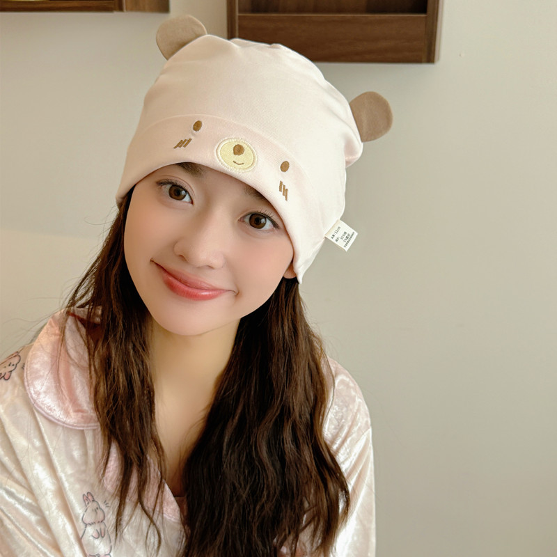 ✅可爱小熊月子帽产后春夏纯棉产妇大头坐月子妈妈帽孕妇发带头巾