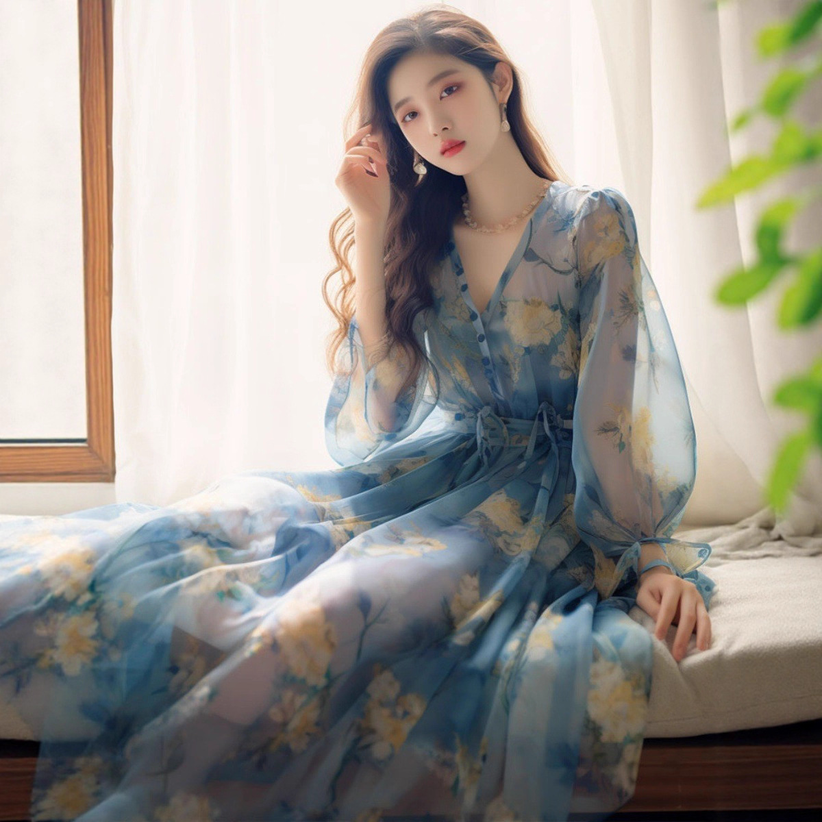Váy liền hoa nhí cổ chữ V dài tay mùa hè FL231941 – váy dài thắt eo voan tiên nữ tinh tế — chiếc váy màu xanh