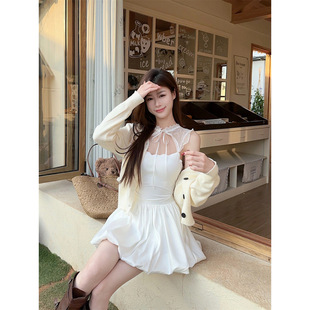 Real Shot of In-Stock Items at Real Prices: Internet Celebrity Style Small Daisy Knit Cardigan V-Neck Short Cardigan + Puff Skirt Vest Set