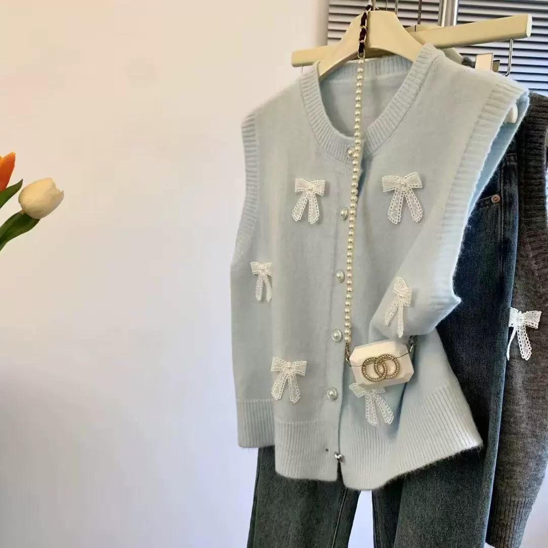 Женский трикотажный жилет в твидовом стиле с синим бантом, ранняя осень 2025 года, многослойный кардиган, безрукавка