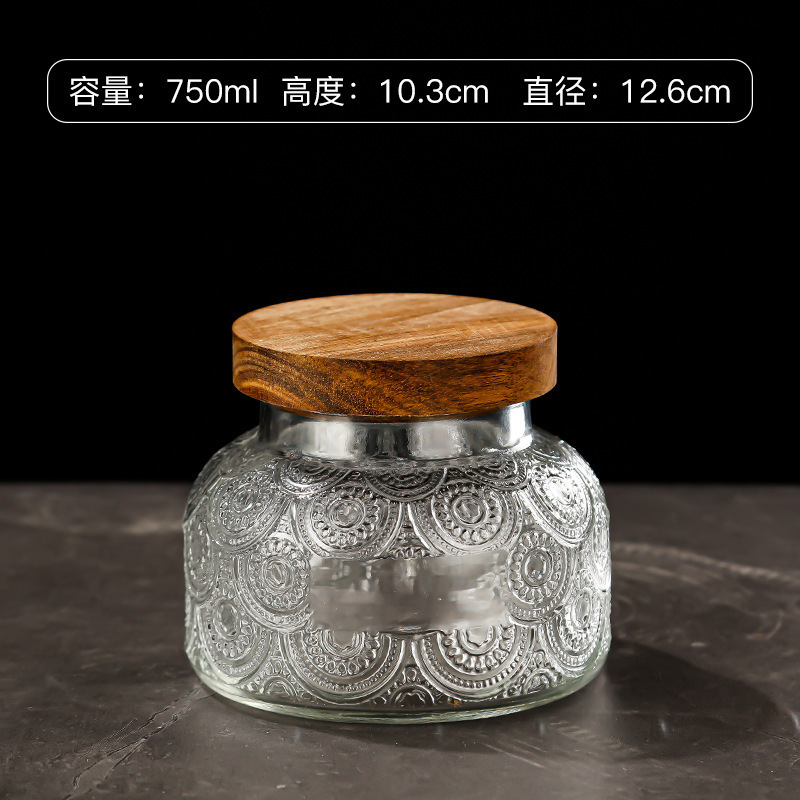 Hogar vintage Begonia flor realzada snack caramelo almacenamiento tarro bambú cubierta americana cocina transparente vidrio sellado frasco