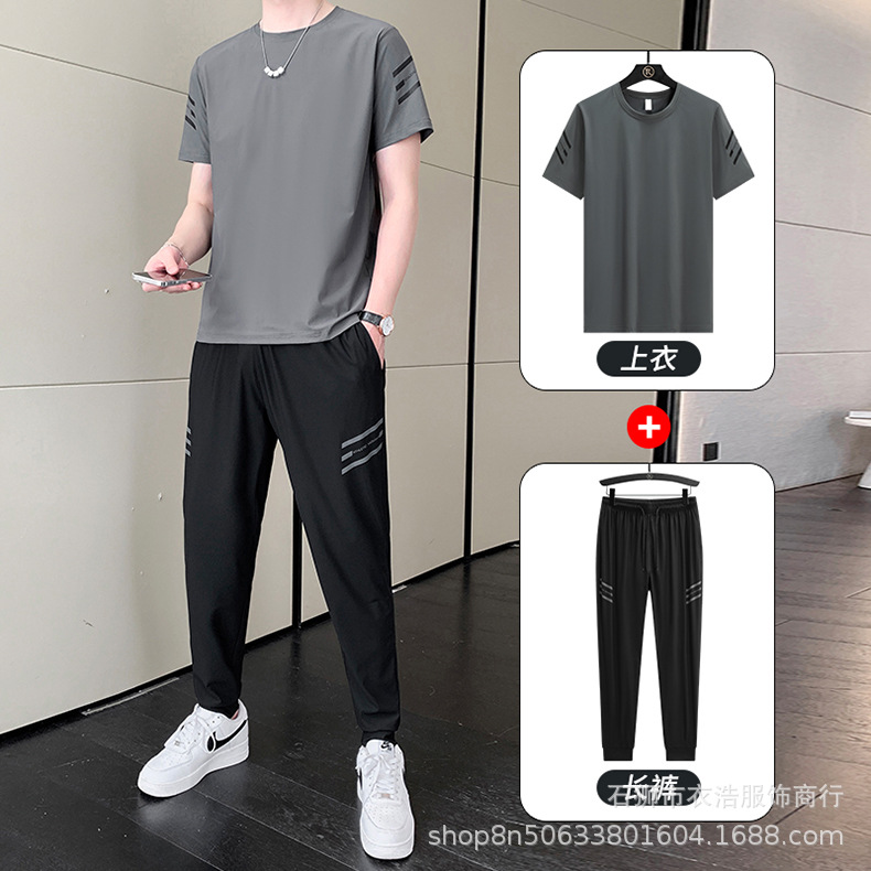 Verano traje de manga corta Camiseta deportiva de seda de hielo de los hombres con pantalones de secado rápido ins media manga camiseta casual traje de dos piezas