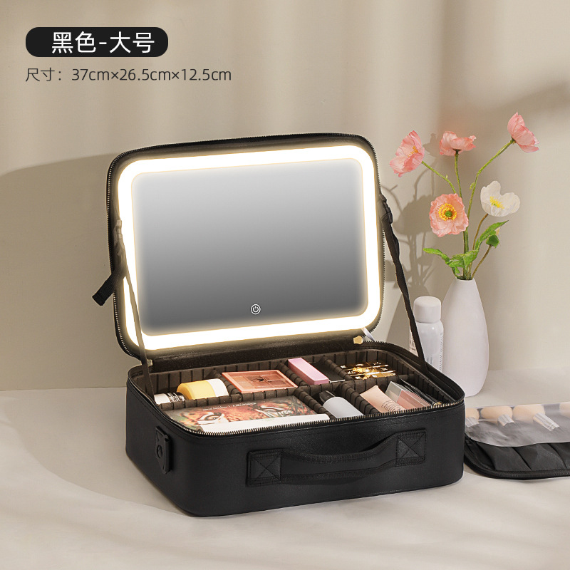 Bolsa de maquillaje con luz LED y espejo, bolsa de almacenamiento de cosméticos negra de gran capacidad, estuche de maquillaje en polvo, esencial para viajes con LED