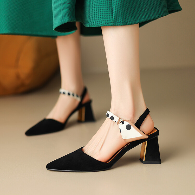 Leather matte temperament online ~ French pointed ribbon stitching high heels Baotou commuter chunky heel sandals women Leather matte temperament online ~ French pointed ribbon stitching high heels Baotou commuter chunky heel sandals women