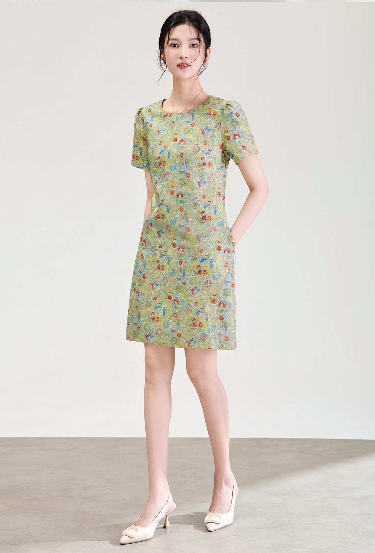 Váy maxi nữ thắt eo dáng suông họa tiết jacquard pha len — xanh lá cây chi tiết 2