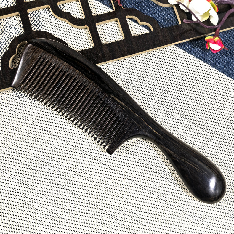 紫光檀经络檀木梳手工黑檀木梳子大号圆手柄木梳子檀木梳美发梳