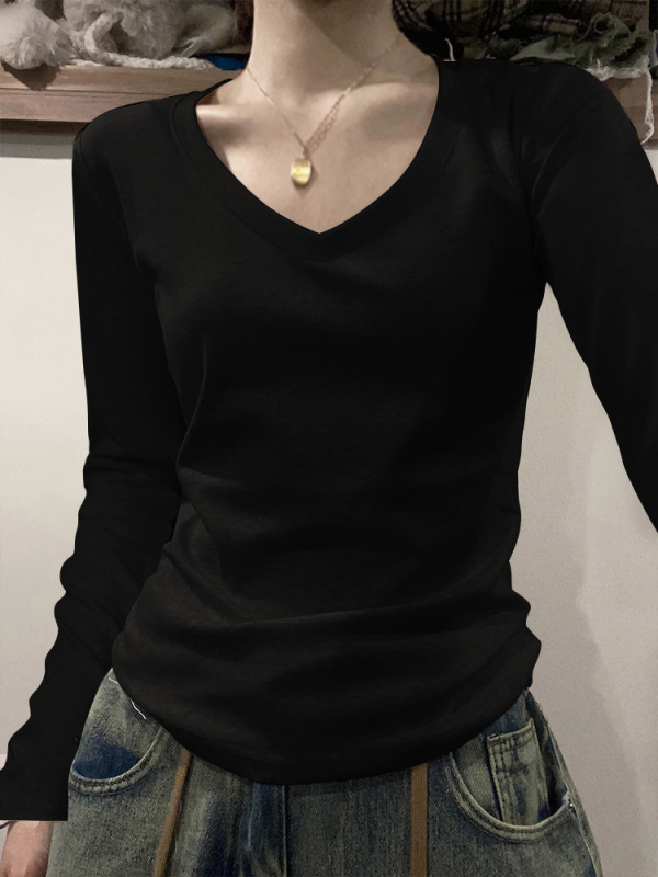 棉质圆领纯色打底衫女春秋冬新款叠穿内搭修身长袖t恤上衣女 |undefined