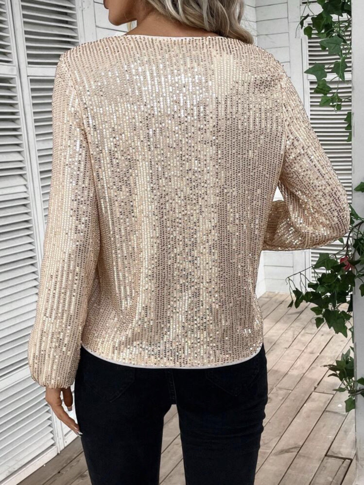 Elegant Women's V-neck Sequin Tunic Top, Long Sleeve Glitter Tee_voghion.com