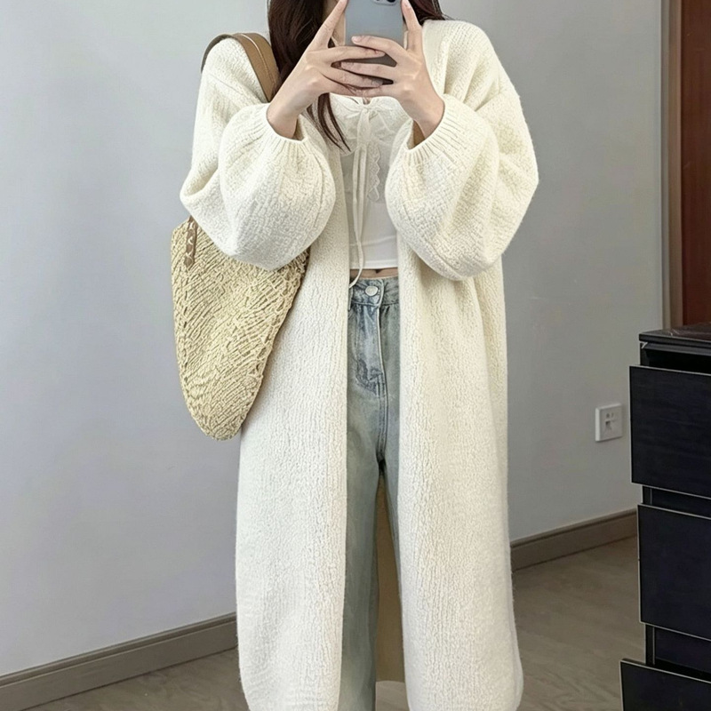 Directly Supplied from Puyuan, Tree Bark Pattern Puff Sleeve Extended Sweater Coat, 2026 Autumn and Winter Loose and Relaxed Style Cardigan for Women Directly Supplied from Puyuan, Tree Bark Pattern Puff Sleeve Extended Sweater Coat, 2026 Autumn and Winter Loose and Relaxed Style Cardigan for Women