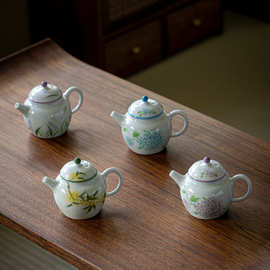 纯手绘茶壶陶瓷功夫茶具泡茶壶家用复古手抓壶单个球孔过滤梨形壶