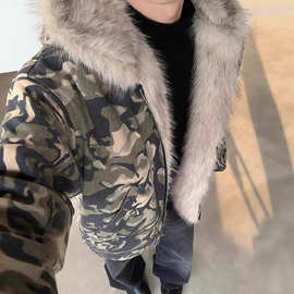 百搭冬季新品高品质美式街潮宽松简约毛毛设计连帽棉服外套美式潮