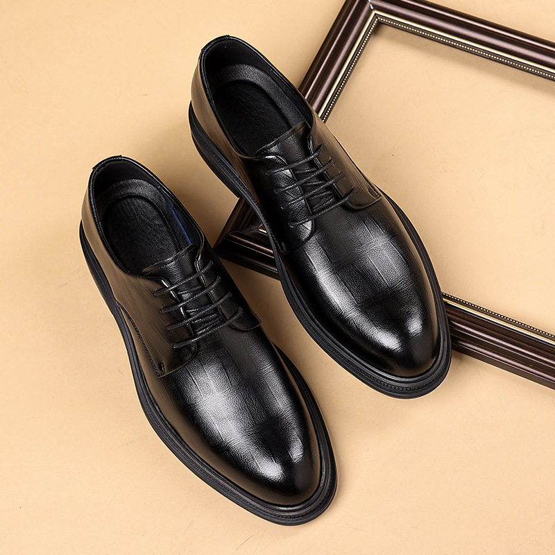 Giày da nam Derby công sở màu đen, mũi nhọn, đế dày tăng chiều cao 6 cm, buộc dây — màu đen, Họa tiết khoét rỗng màu đen, Đen tăng chiều cao 6CM