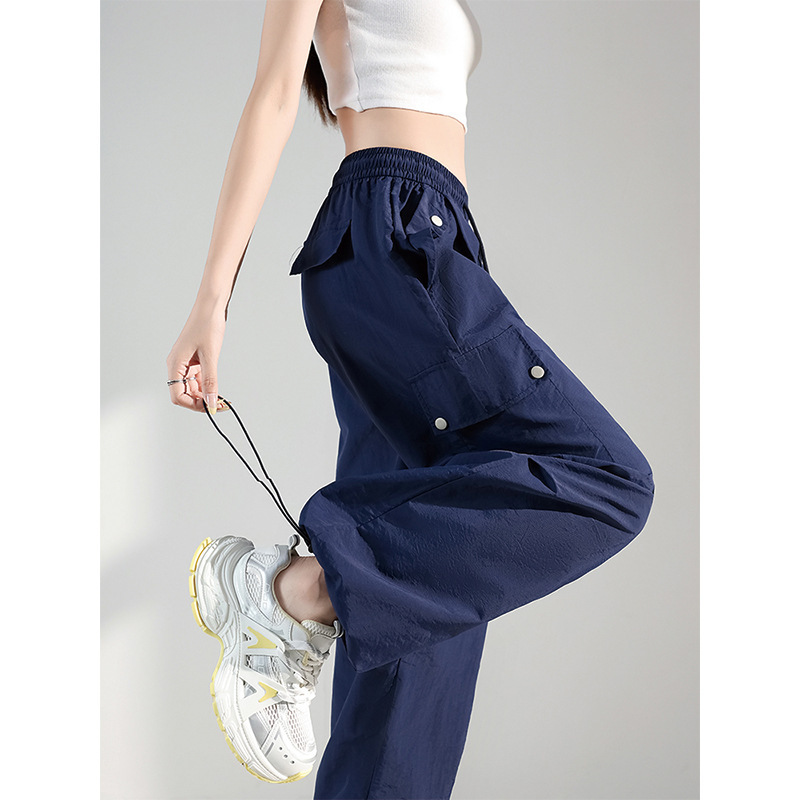 Women's Summer Thin High-Waisted Slim-Fit Straight-Leg Pleated Narrow Gray Wide-Leg Pants with Rivets, High-Waisted and Slimming