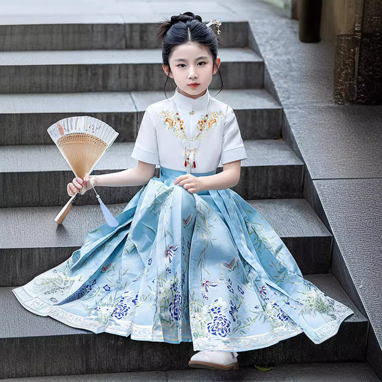 Синий высококачественный детский костюм Hanfu летний 2024 новый тонкий маленький мальчик повседневная юбка с конским лицом