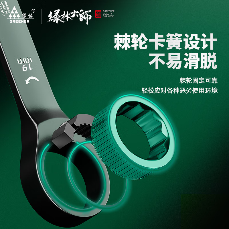 Green Forest Master Bi-directional Rapid Plum Ratchet Industrial Grado Automático Pequeña apertura Conjunto de herramientas de llave de doble propósito