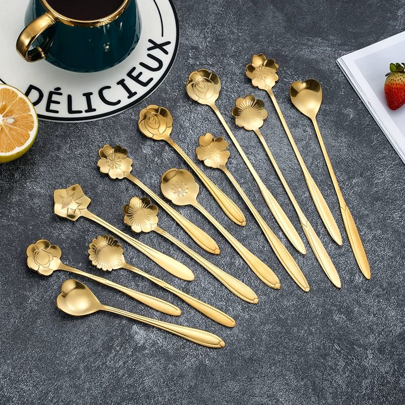 Stainless Steel Cherry Blossom Dessert Spoon, 12/15/17 cm, Silver or Gold, Floral Handle